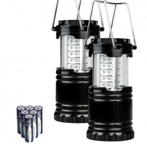 2 Pack Portable Outdoor LED Camping Lantern with 6 AA Batteries (Black, Collapsible)