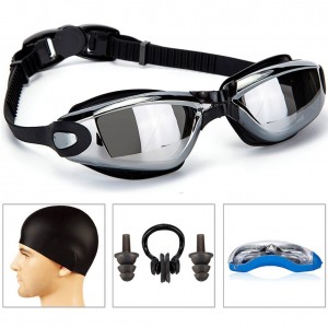 Swimming Goggles + Swim Cap + Case + Nose Clip + Ear Plugs,Swim Goggles Anti Fog UV Protection for Adult Men Women Youth Kids Child Black