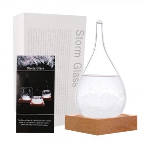 Storm Glass Weather Predictor - Creative Crystal Glass Bottle Desktop Drops Craft Weather Station with Pure Wood Base - High-Class Decoration on Home & Office.(Small -6222)