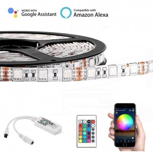 WiFi LED Light Strip Music Sync Remote Controlled by Alexa Echo Android ISO Smart Phone IP65 Waterproof 16.4ft Cuttable Strip with 24 Keys Controller and RGB 150LED SMD5050