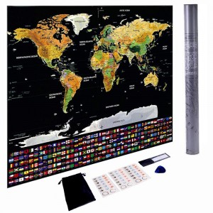 Scratch Off World Map Poster, Travel Map Print w/US States and Country Flags, for Travelers, Teen Boys, Girls, Fun Educational Learning & Teaching Tool for All Ages